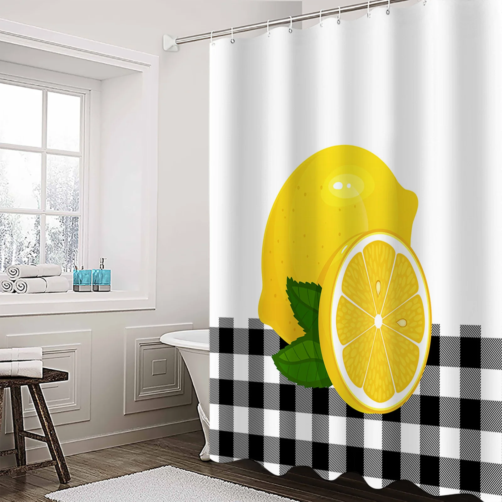 

Fruit Lemon Black And White Lattice Shower Curtain Waterproof Polyester Fabric Shower Curtains Home Decoration Curtain with Hook