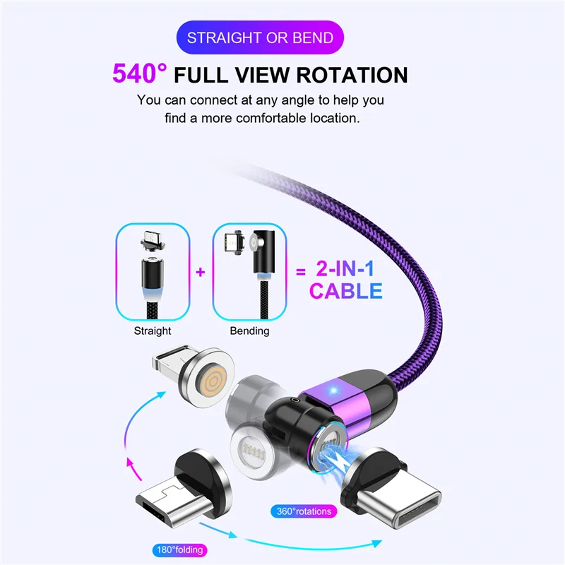 USLION 3A Magnetic Micro USB Type C Cable Accessories Charging For iPhone 7 8 Plus 12 Pro Max Xiaomi New Charger 540 Rotation