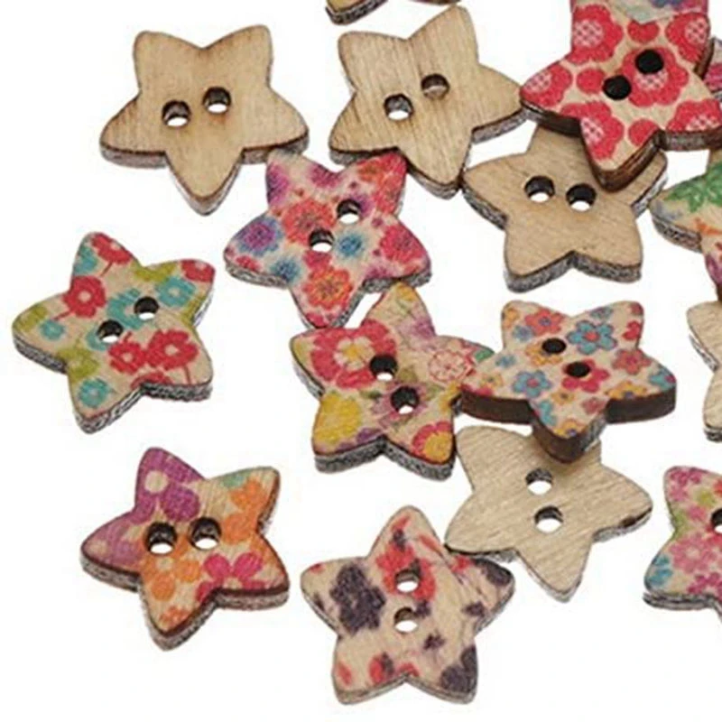 25 штук деревянных пуговиц в форме пятиконечной звезды для шитья, декора одежды, рукоделия и детского творчества, 25 мм.