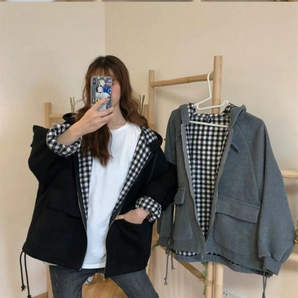 Женская клетчатая куртка с капюшоном шикарная верхняя одежда пальто свободного