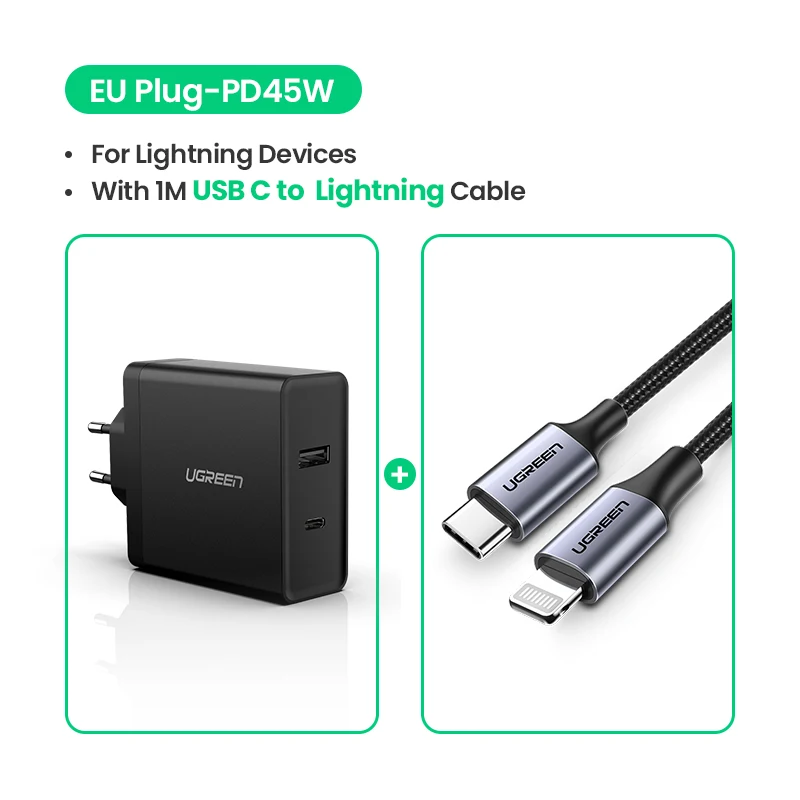 EU Add C-Lightning Ugreen USB зарядное устройство PD 45 Вт быстрое зарядное устройство для iPhone X 8 Быстрая зарядка 3,0 для телефона Xiaomi зарядное устройство для MacBook Pro nintendo Switch - Тип штекера: EU Add C-Lightning