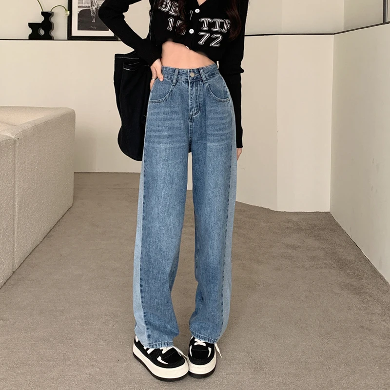 

Hong Kong-Style Retro Design High-Waist Jeans Loose And Thin Contrast Color Mopping Wide-Leg Pants Spring Summer New Products
