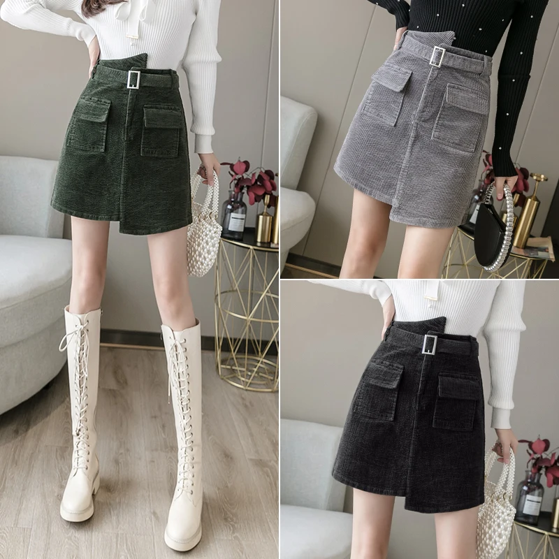 

Autumn and Winter Skirts Female Streetwear High Waisted Mini Jupe Femme Corduroy Belt Asymmetrical Woman Skirts Green Gray Black