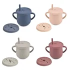 Силиконовая кружка для кормления малышей, с двойной крышкой дюйма, с ручкой, без БФА, мягкая посуда для детей, кружки с соломинкой