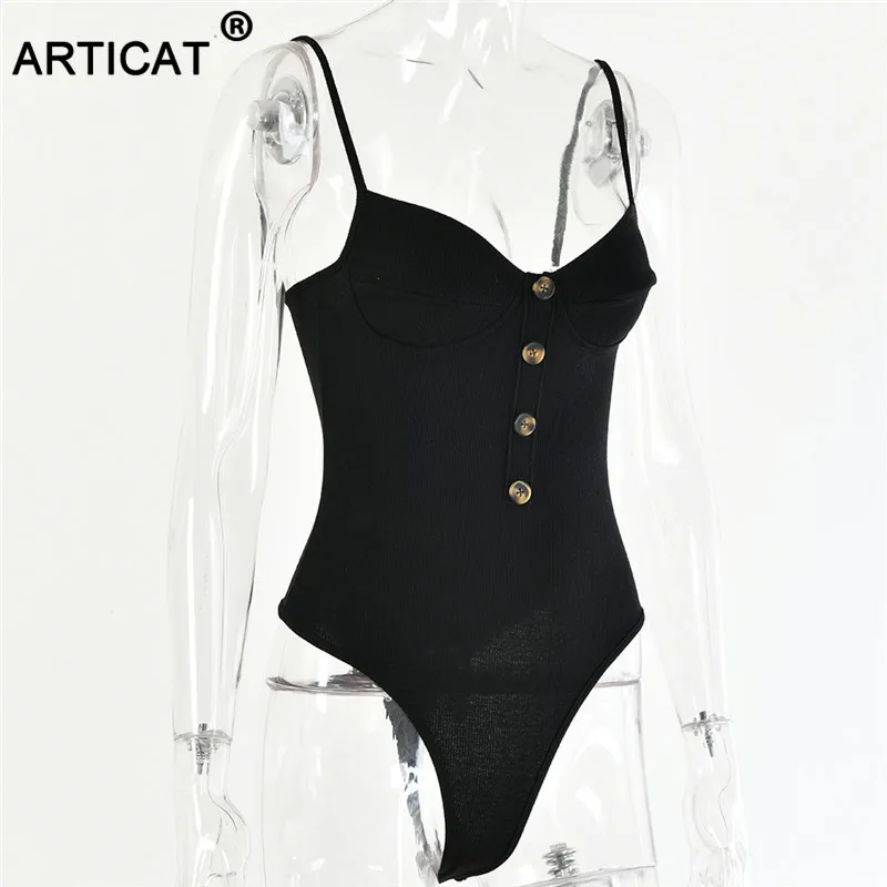 Articat Knitted Spaghetti Strap Sexy Bodysuit Women Tops Backless Buttons Bodycon Rompers Women Jumpsuit Basic Party Overalls