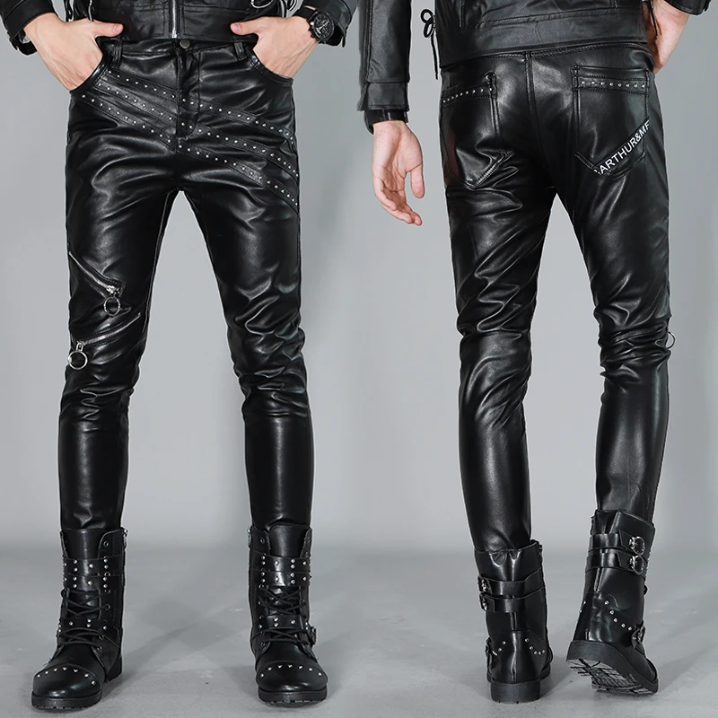 

Faux Leather Trousers Men Motorcycle Black Mens Pants Fashion PU Leather Riding Waterproof Moto Biker Male Pants Plus Size