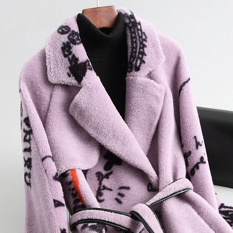 Elegant Printing Thick Turn-Down Collar Winter Long Woolen Warm Real Fur Plus Size Coat Slim Jackets High Quality Lilac Outwear