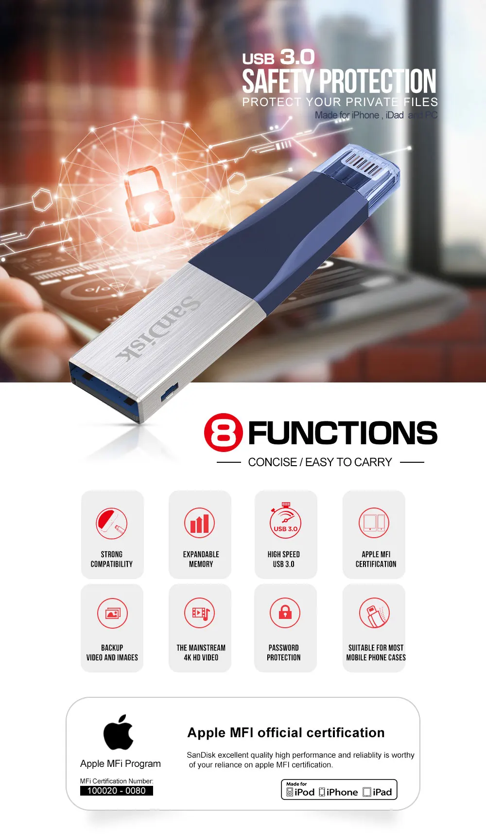 Двойной Флеш-накопитель SanDisk USB3.0 USB флэш-накопитель 256 ГБ с поддержкой технологии OTG разъемом Lightning usb Disk32GB флэш-накопитель 64 Гб 128 для iPhone X/8/7/7 Plus/6/6 plus