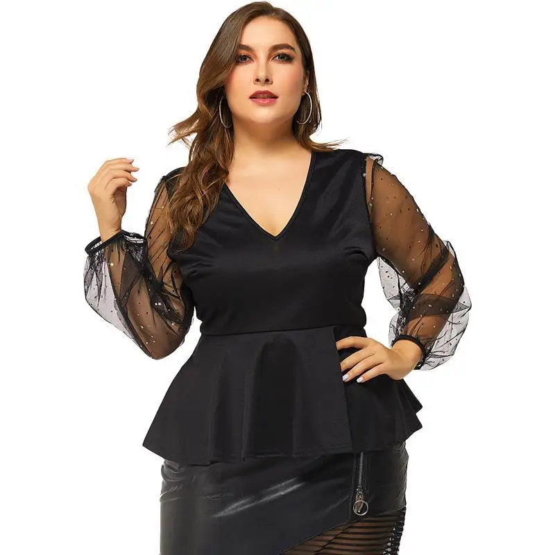 Женская блузка рубашка сексуальная v образный вырез пышная длинный рукав плюс