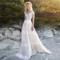 bohemian lace wedding dresses 2021 a line champagneivory boho v neck long bridal dress with belt cap sleeves sweet princess new