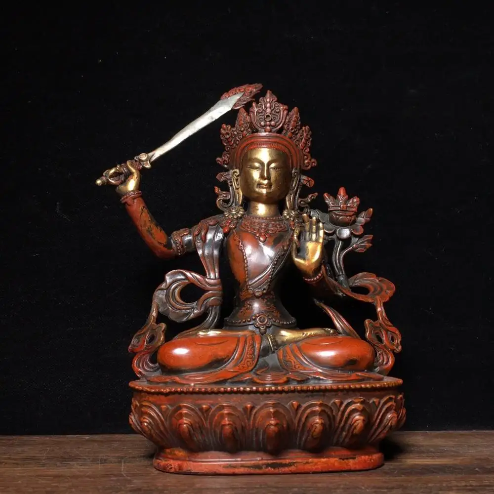

9"Tibet Buddhism Temple Old Bronze Gilt Real gold silver Manjushri Buddha Statue Raise the sword Bodhisattva Enshrine the Buddha