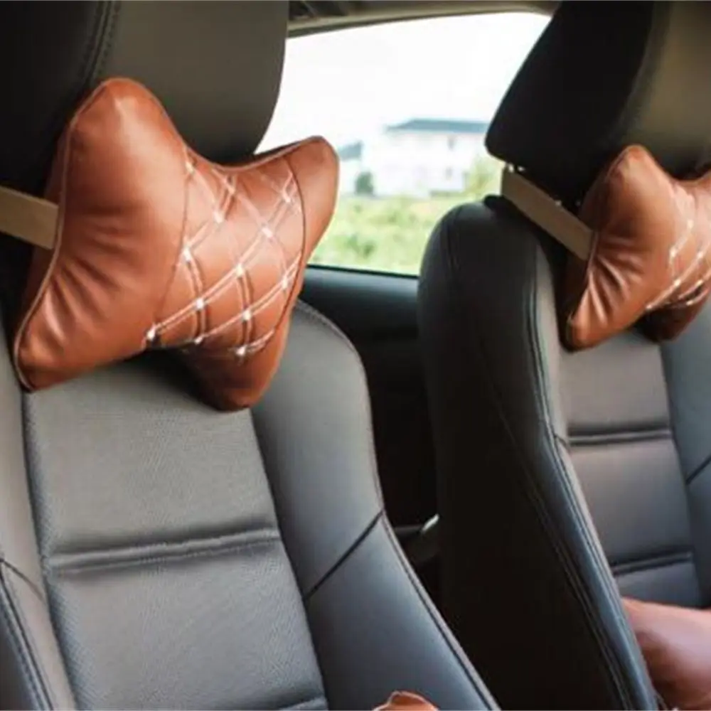 

2 Pieces Universal Brown Line Car PU Leather Headrest Neck Pillow Car Head Neck Pillow Seat Back Support Cushion