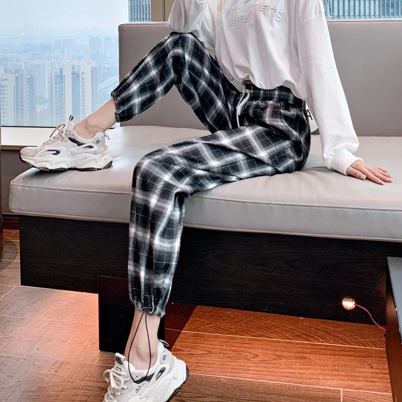 Lady Loose High Waist Drawstring Black-And-White Plaid Pants Women'S Autumn Wide Straight Tube Legged Radish Casual Lrousers