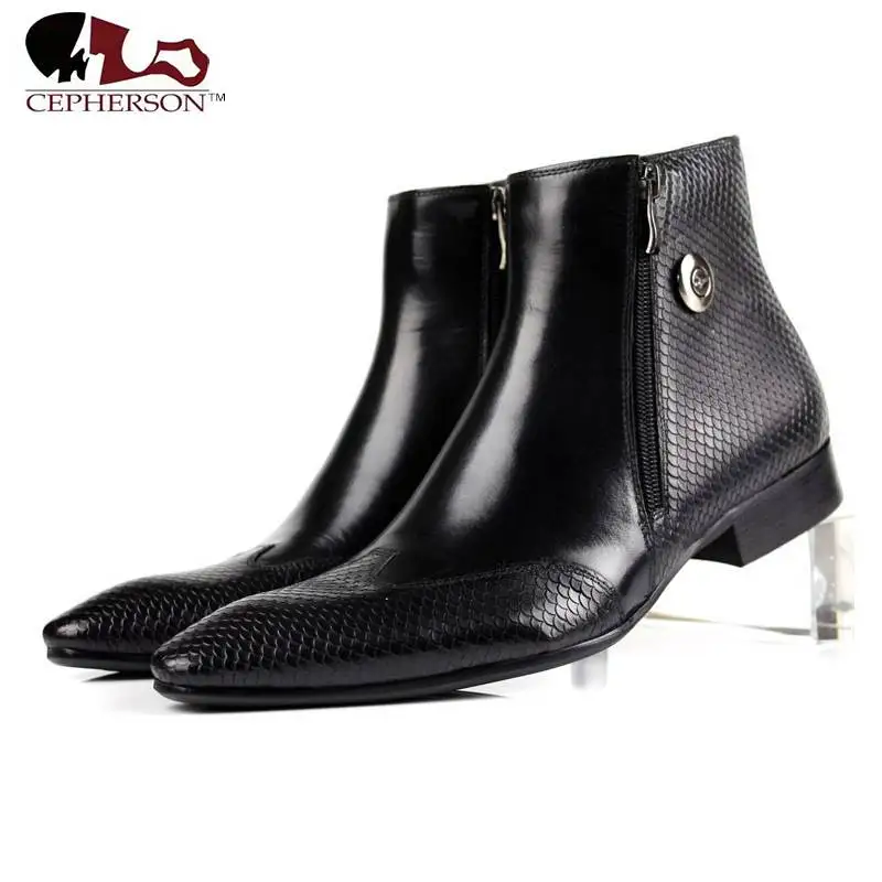 

New Cowhide Pointed Toe Genuine Leather Fashion Men's Zipper Work Bullock Patterns Oxford Dress Shoes For Men Boots