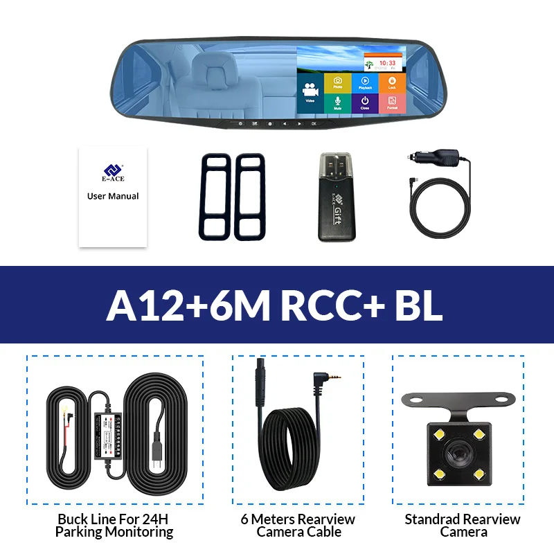 A12-6M RCC-BL E-ACE видеорегистратор для автомобиля, видеорегистратор 4,3 дюймов, сенсорный FHD 1080 P, зеркало заднего вида, видеорегистратор с двумя объективами, автоматический Регистратор с камерой заднего вида - Название цвета: A12-6M RCC-BL