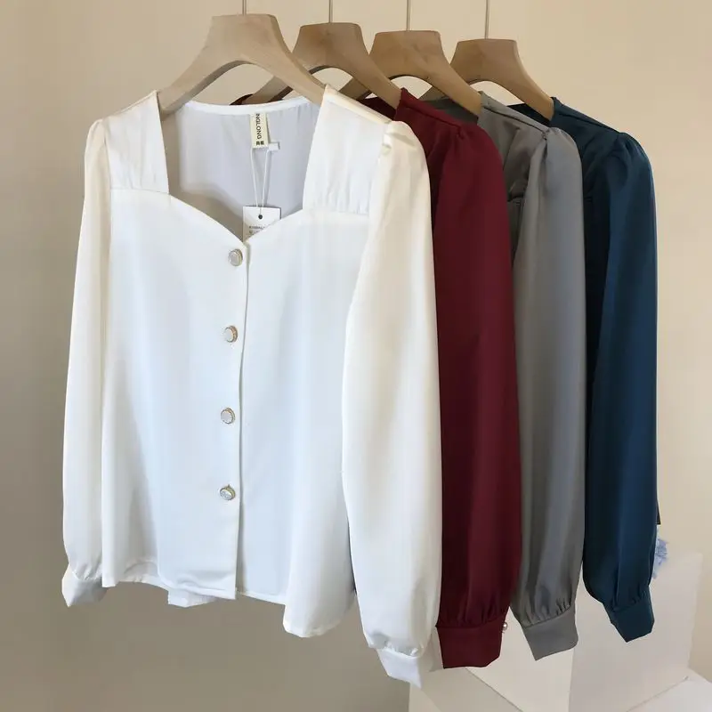 

Elegant Simple Long-Sleeved Shirt Acetate Satin Spring and Autumn Blouse 2021 New Women's Single-Breasted All-match Blusas