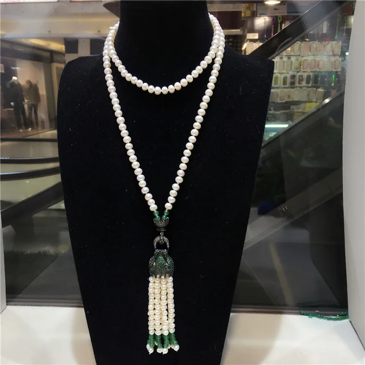 

New 8-9mm white freshwater pearl green stone micro inlay zircon leopard head buckle accessories necklace long 95cm