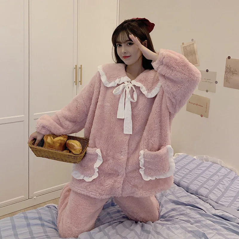 

Flannel Winter Women Pajamas Set Flower Long Sleeve Sleepwear Warm Casual Homewear Female Pyjamas Pijama Cartoon pjs 2pcs Y7