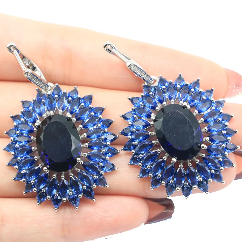 

52x32mm SheCrown Long Big Heavy 18.7g Tanzanite White CZ Bride Wedding Silver Earrings