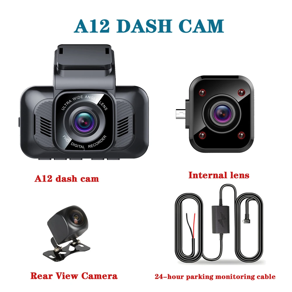 A12-RVC-lens-24-pm Aiba A12 APP WDR камера для приборной панели ночного видения Автомобильная камера рекордер три объектива Автомобильный видеорегистратор Встроенный WiFi тире камера 24H монитор парковки - Название цвета: A12-RVC-lens-24-pm