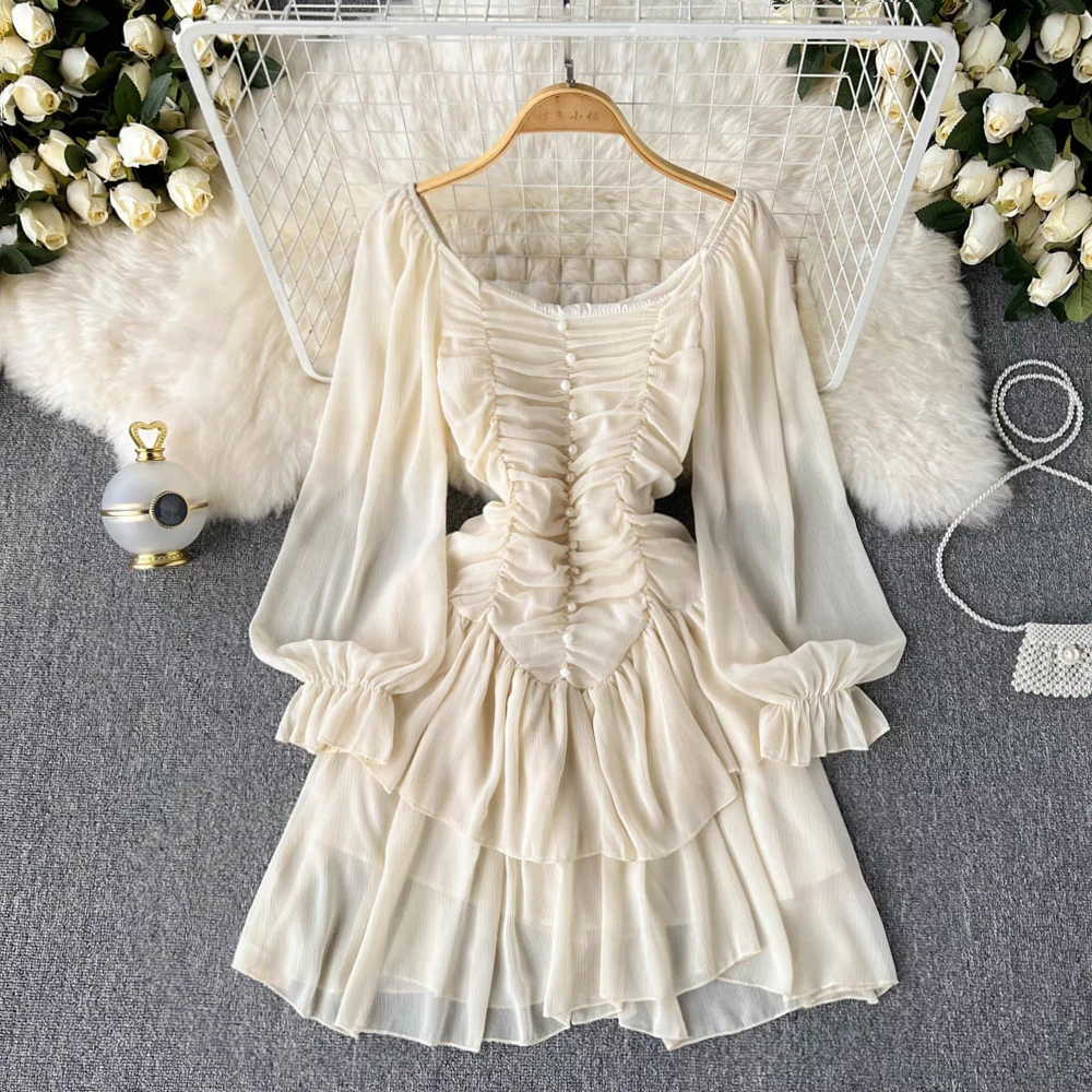 

C038 Women New Fashion Autumn Square Collar Fold Slim Long Sleeve Chiffon Short Dress Korean Clothing Vintage Vestidos