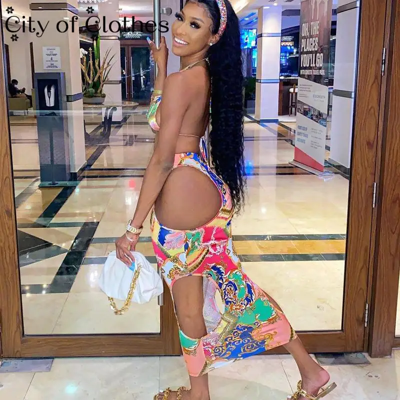 

2021 Print Sexy Strap Camis Crop Top Hollow Out Skirt 2 Pieces Set Summer Women Dress Suit Streetwear Club Outfits Y2K Bikini