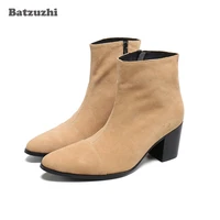batzuzhi 7 5cm high heel men boots pointed toe lxuxury handmade suede leather ankle boots men botas hombre motorcyceparty wear