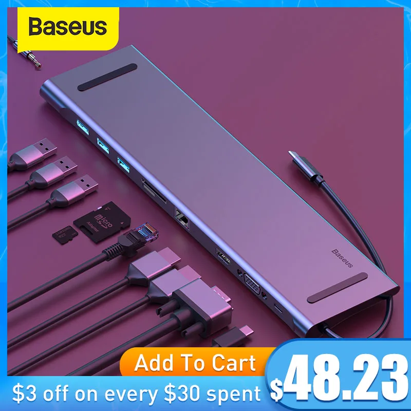 Baseus USB Type C HUB to 3.0 USB HDMI-compatible RJ45 USB HUB for MacBook Pro USB Splitter Multi 11 Ports Type C HUB USB-C HUB