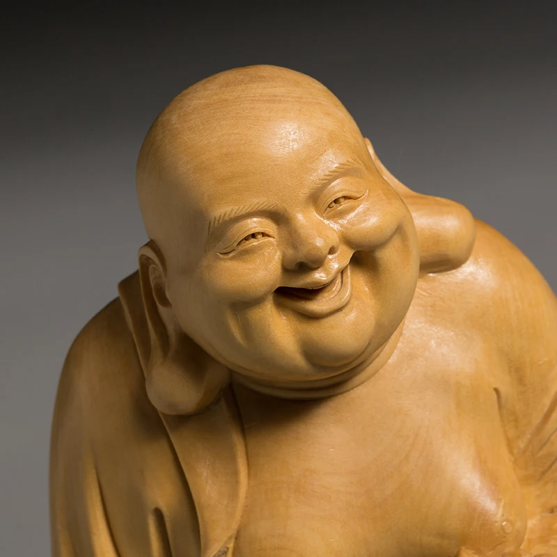 Статуя Будды Boxwood Maitreya из мифологии Смеющийся Будда с веером Скульптура Подарок