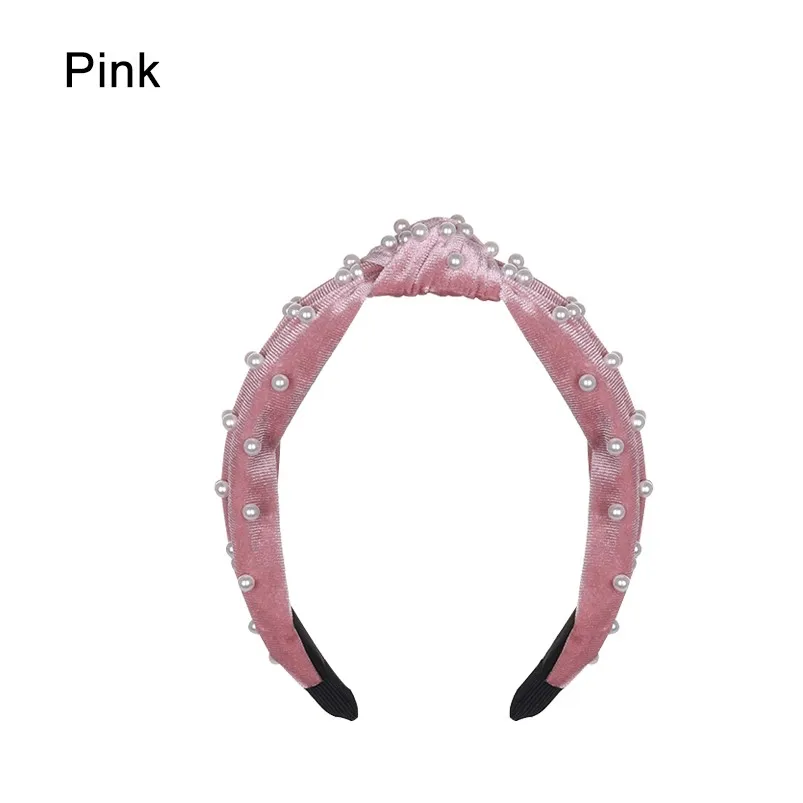 pink 1 В богемном стиле однотонные Цвет мягкий бархат центр узел широкая лента для волос с жемчугом завязанная повязка на волосы Индивидуальные Женские аксессуары для волос - Цвет: pink 1