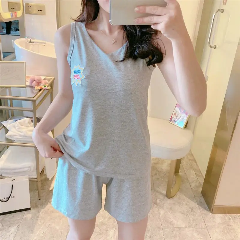 

Summer Pajamas Set Milk Silk Embroidered Letter Print Vest Shorts 2 Pcs Sleepwear Suits