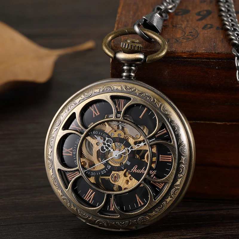 Bronze Mechanical Hand Wind Pocket Watches Roman Numeral Dial Skeleton Mechanical Flip Watch Men Clock With Fob Chain Gift Box