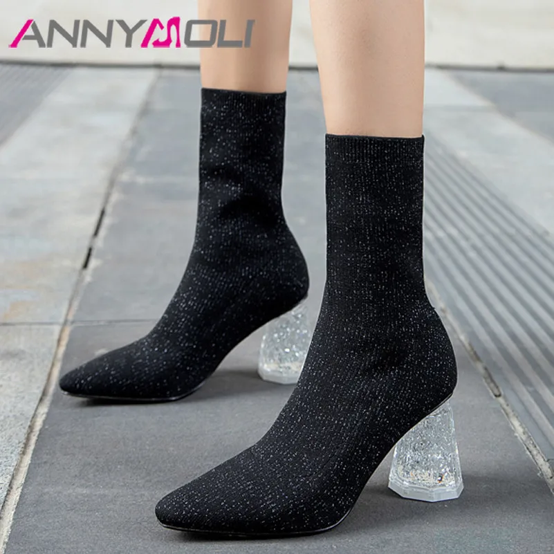 

ANNYMOLI Mid Calf Boots Women Shoes Pointed Toe Crystal Strange Style Heels Ladies High Heel Boots Slip-On Stretch Boots Black