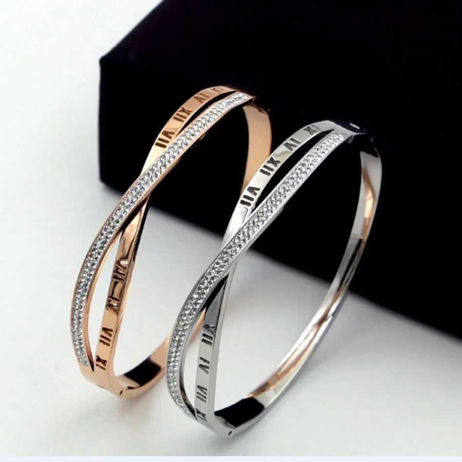 Римские цифры Роскошные CZ H манжеты цвета розового золота женские браслеты крест