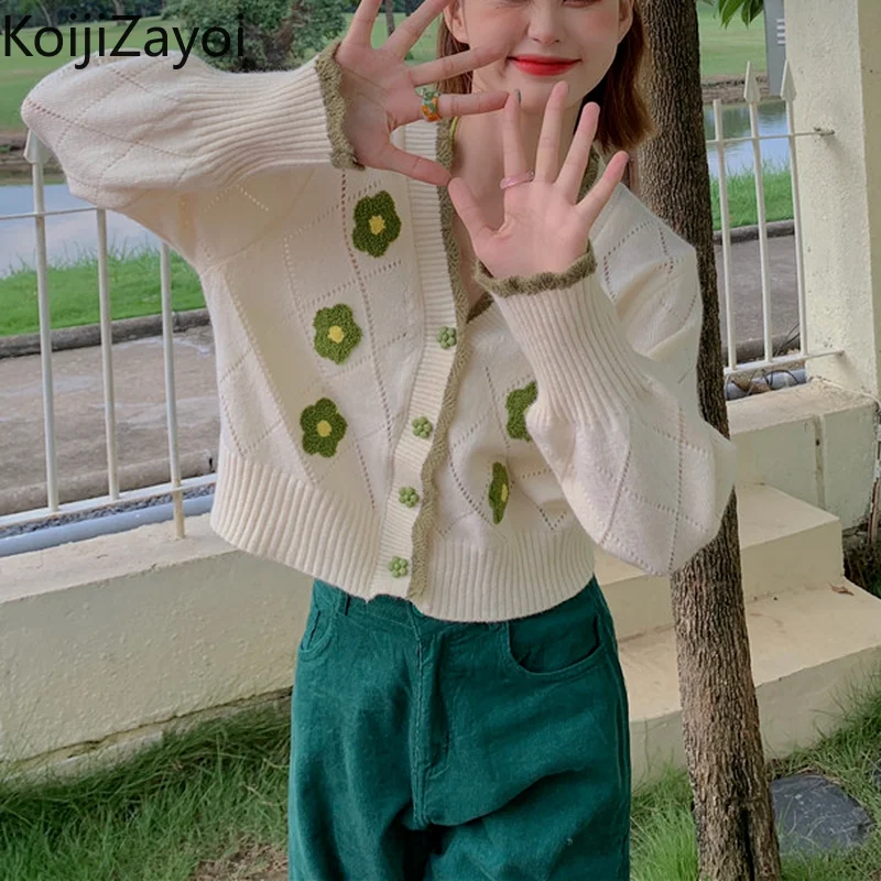 

Koijizayoi Sweet Girls Embroidery Flower Knit Cardigans Sweater Women's V Neck Short Knitted Tops Casual Long Sleeve Pull Femme