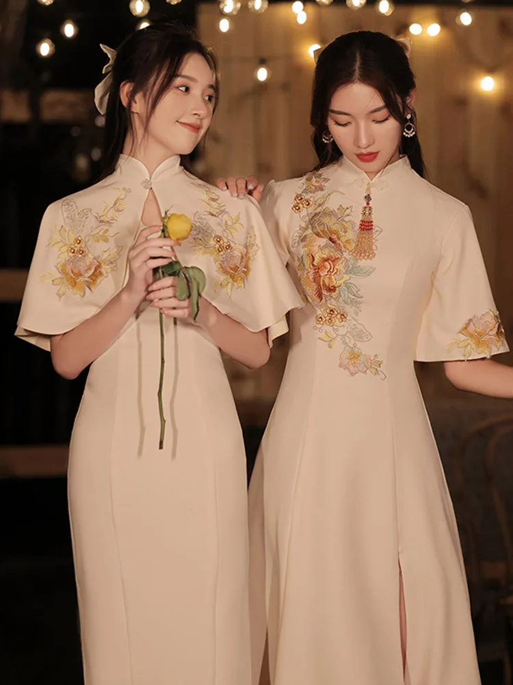 Bridesmaid Dress Chinese Cheongsam Retro Elegant Autumn and Winter Champagne Daily Style | Дом и сад