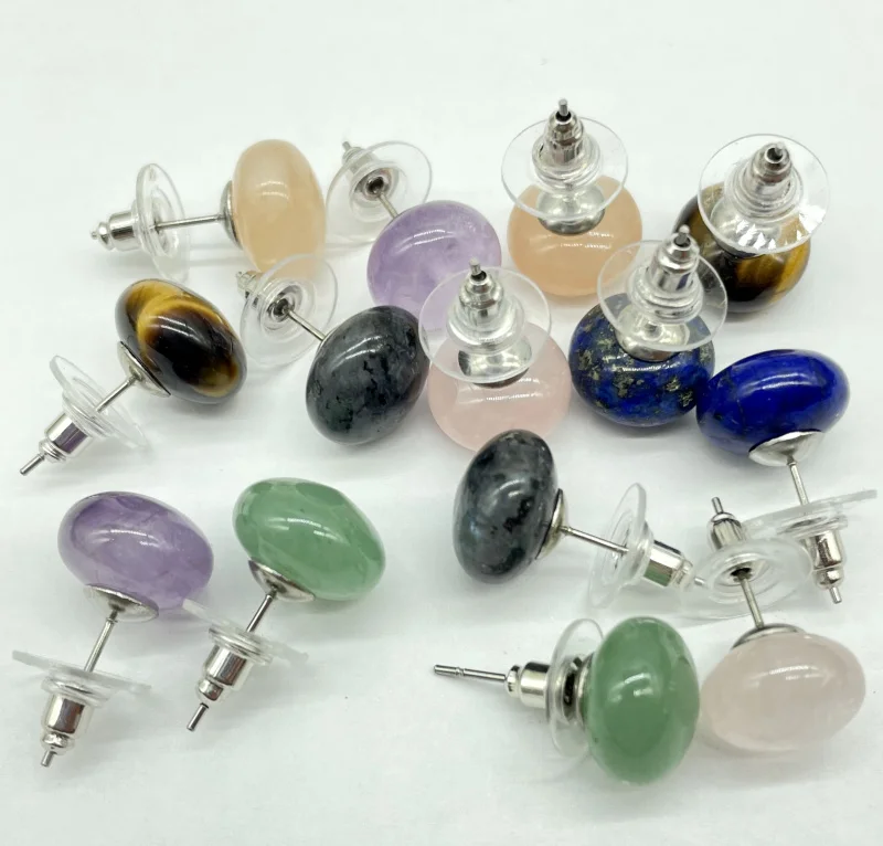 

Wholesale Natural Gem Stone Quartz Crystal Mixed Stud Earrings Round Ball Beads Silver Color Fashion Ear Women Jewelry 12Pcs