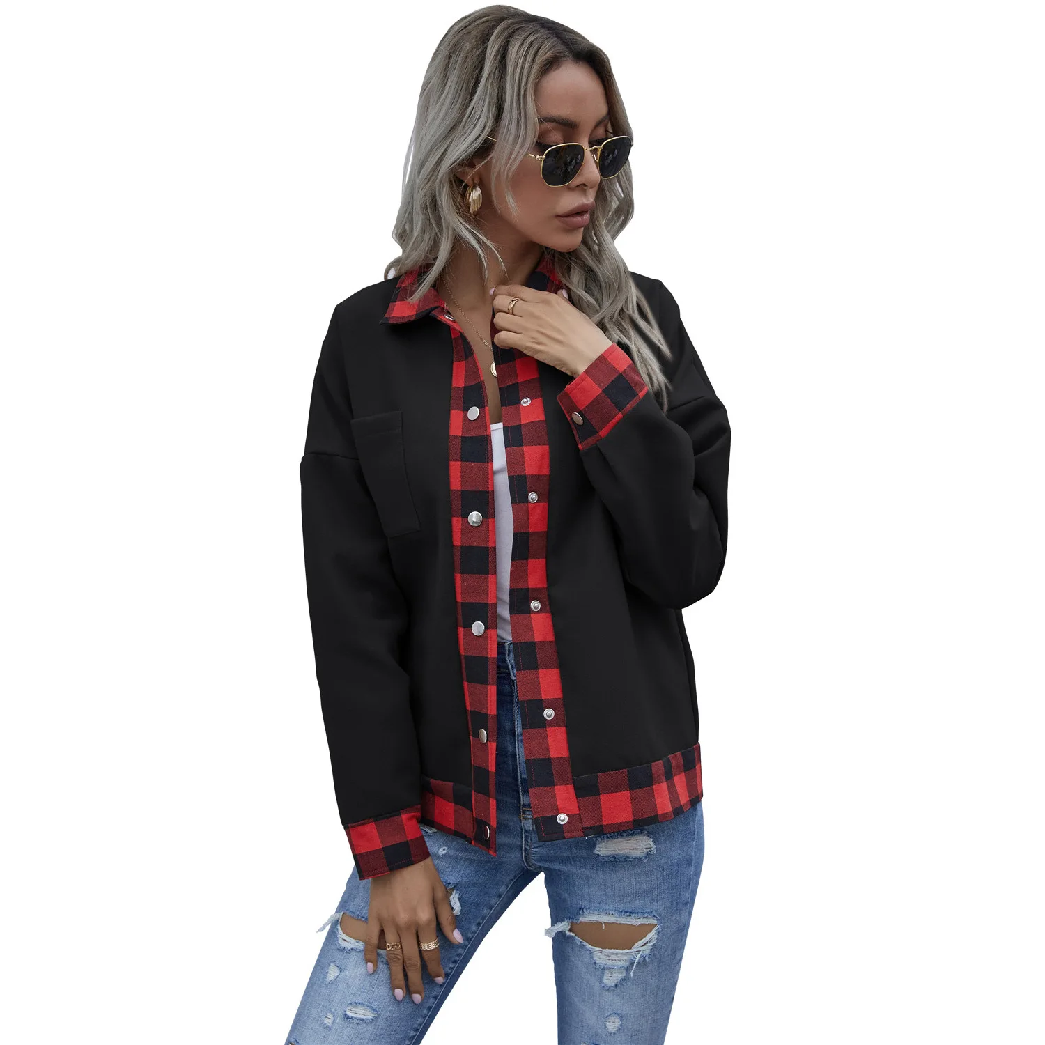 

Куртка женская в клетку, винтажный пиджак с отложным воротником, длинным рукавом, на пуговицах, красная, Осень-зима