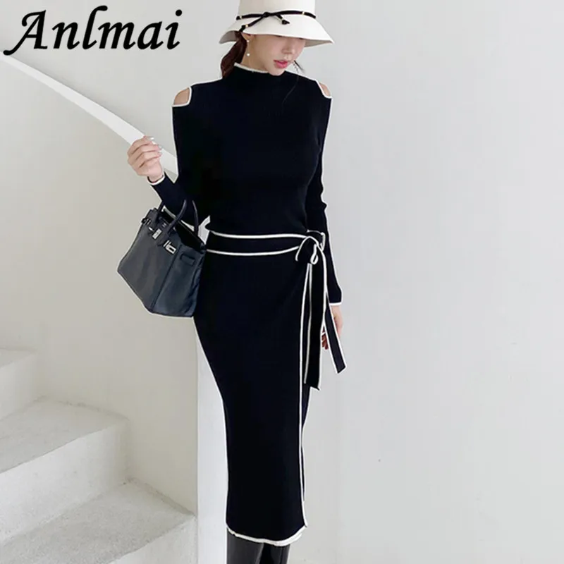 

New Winter Korean Style Temperament Slim Lace Up Mid-Length Sweater Dress Sexy Shoulder Knit Black Dresses