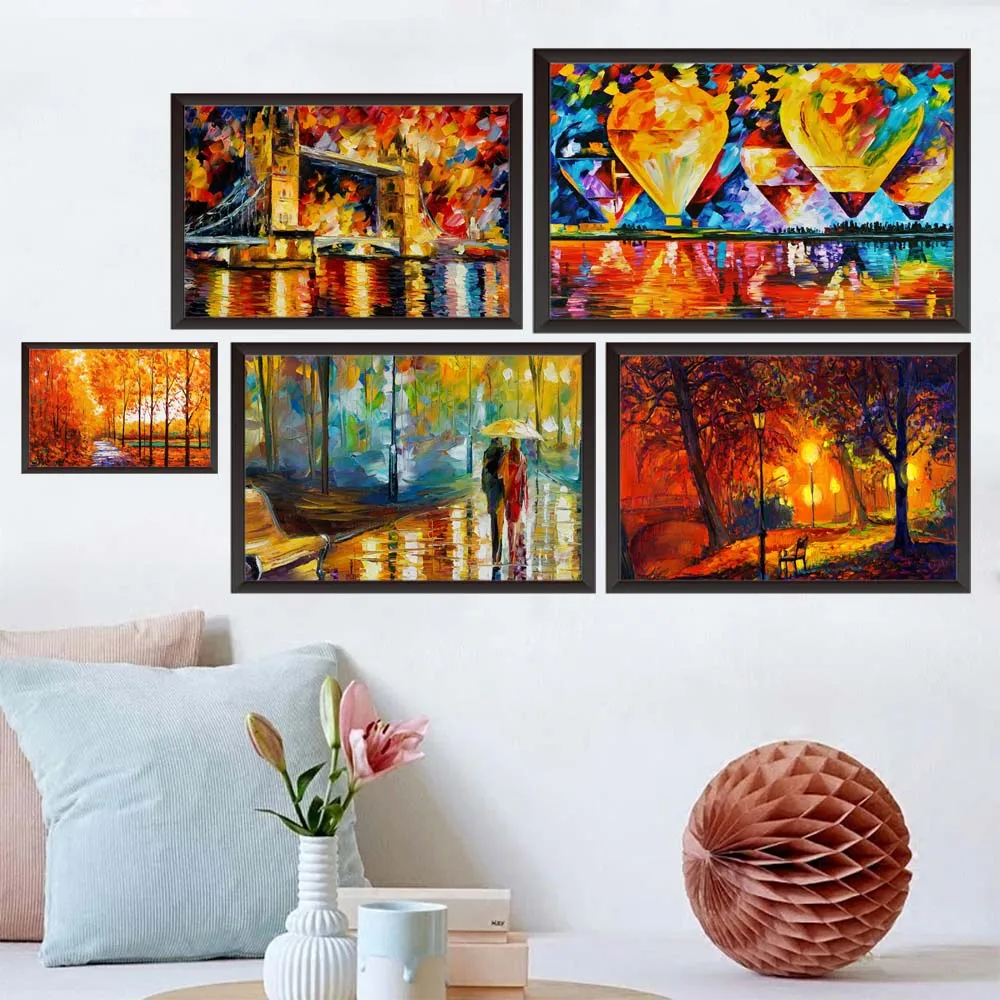 

Landscape oil painting lovers after rain night scene art canvas painting living room corridor office home decoration mural
