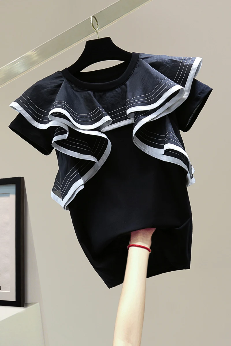 

2021 Summer New Korean Loose Slimming Flounce Contrast Color Short Sleeve Casual All-Match Stretch T-shirt Top