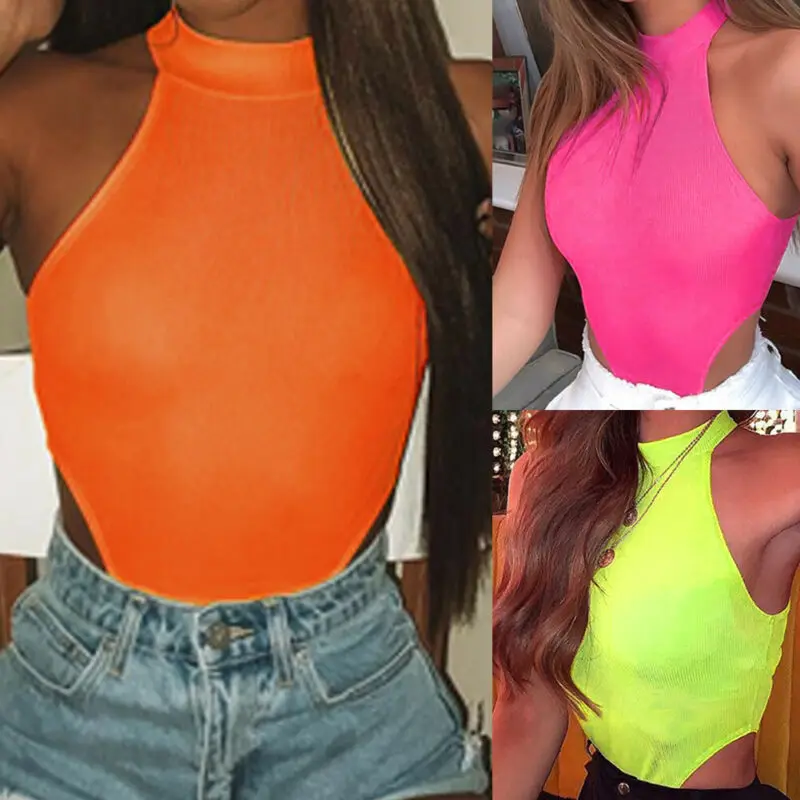 Женский трикотажный Облегающий комбинезон неонового цвета облегающий короткий