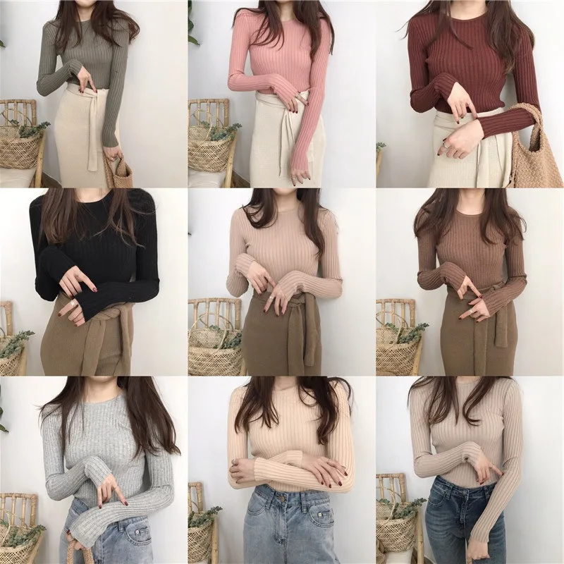 

2020 Fashion Knitwear Round Neck Core-Spun Yarn Solid Color LongSleeved Slim-Fitting All-Match Bottoming Shirt Pullover Sweater
