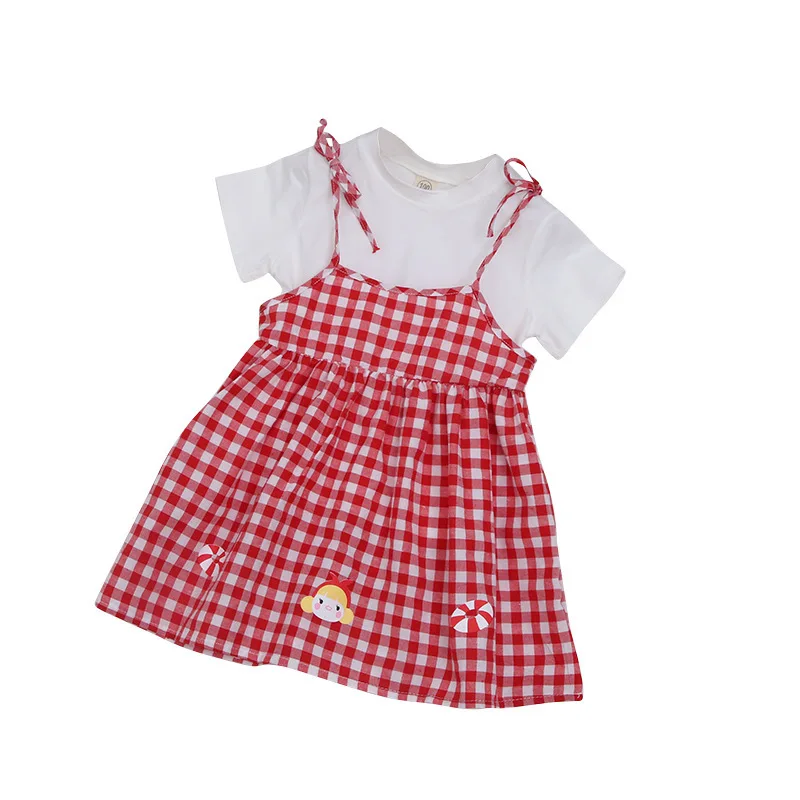 Thunderers Summer Girl Clothing Set White Shirt With Red Plaid Dress Embroidery Cartoon Cotton Toddler Baby Clothes Suit 3Y-7Y | Мать и