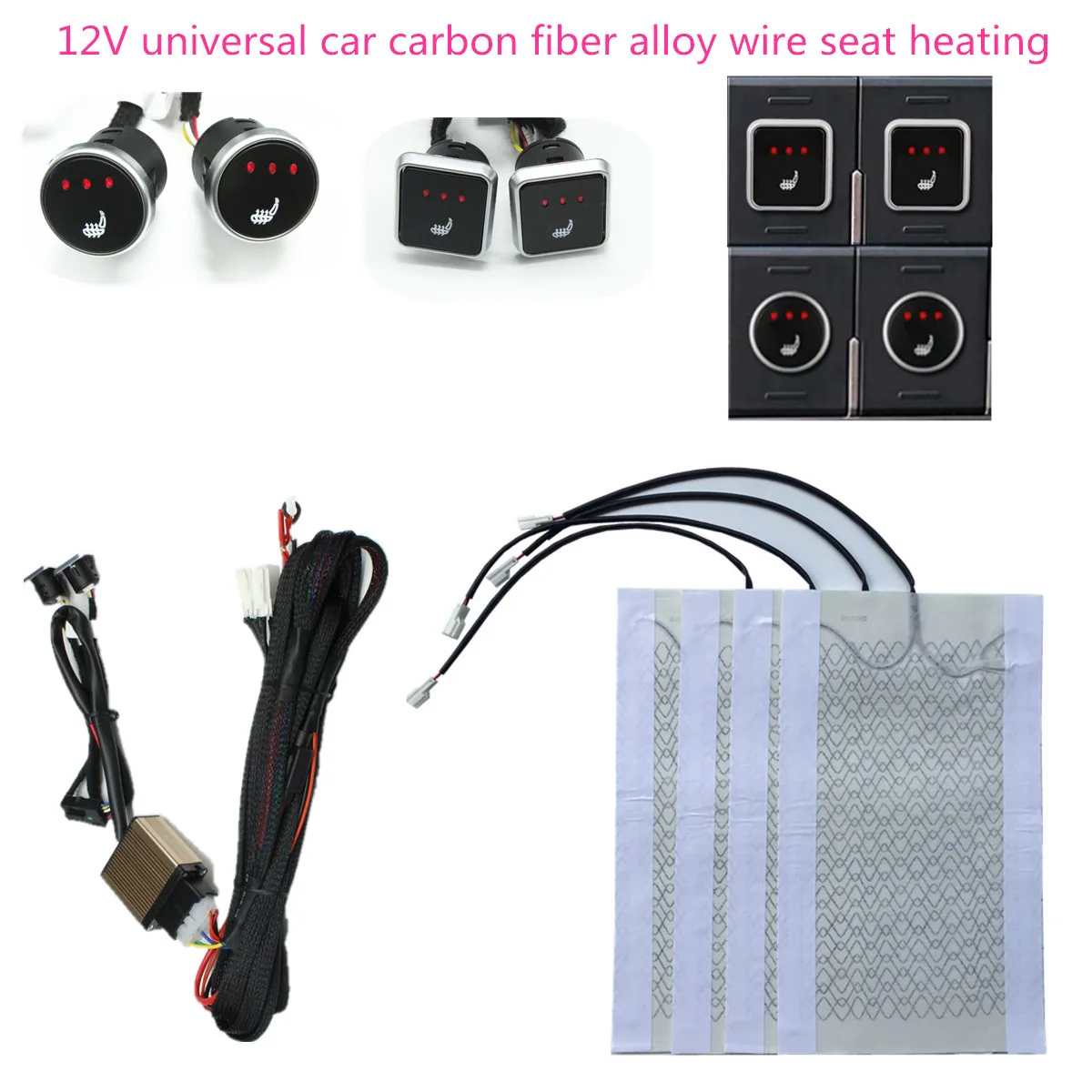 Car Seat Heater Universal 12V Carbon Fiber Alloy Wire Car Seat Heat Pads Kit Level 3 Switch Cushion Set Winter Warmer Seat Cover