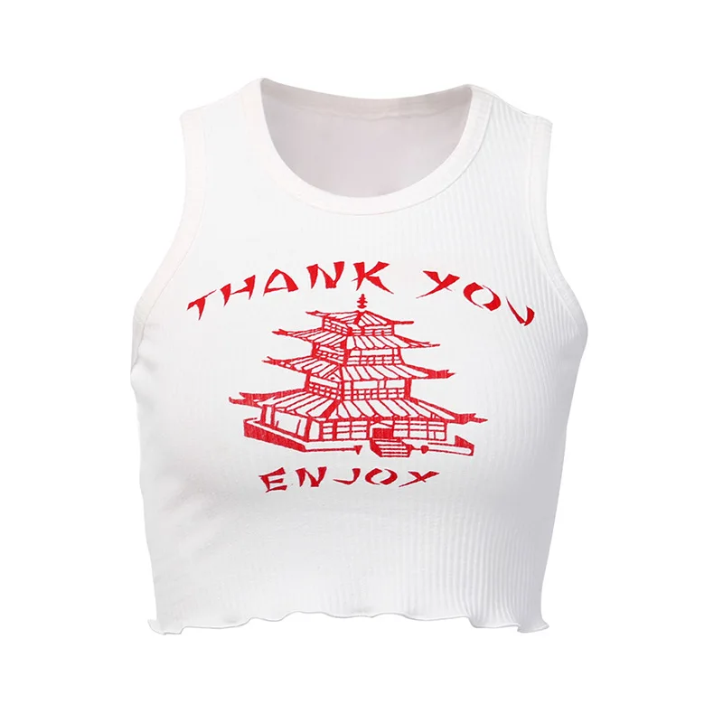 

2021 Short Summer Micro Transparent I-shaped Round Neck Slim-fit Tank Top Letter Architectural Printing Top for Women Outer Wear