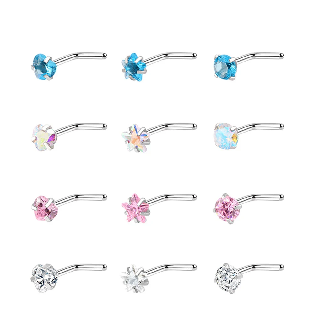 

3PCS Stainless Steel Zircon Gem Bone Nose Stud Piercing Nose Ring Heart Star Silver Color Nose Ring Prong Nose Body Jewelry Gift