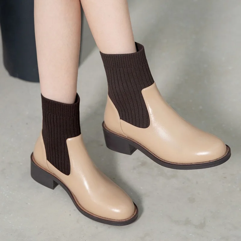 

Women Shoes New Brand Genuine Leather Autumn Winter Shoes Woman Ankle Boots Med Square Heels Apricot Dress Casual Chelsea Boots