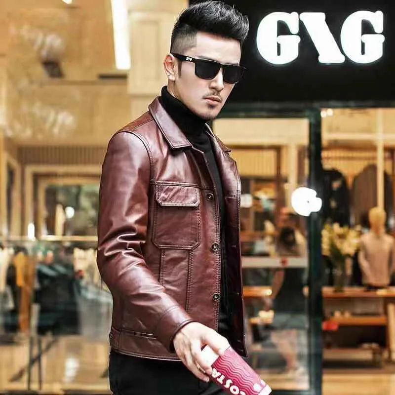 

Brand Genuine Leather Men Single Breasted Lapel Casual Cowhide Moto Biker Jacket Streetwear Autumn Outerwear Plus Size