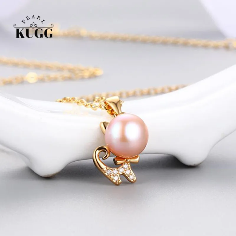 

KUGG PEARL 14K Gold Filled Women Pendant Half Round Natural Freshwater White Pearl Necklace Fine Handmade Jewelry Cat Shape